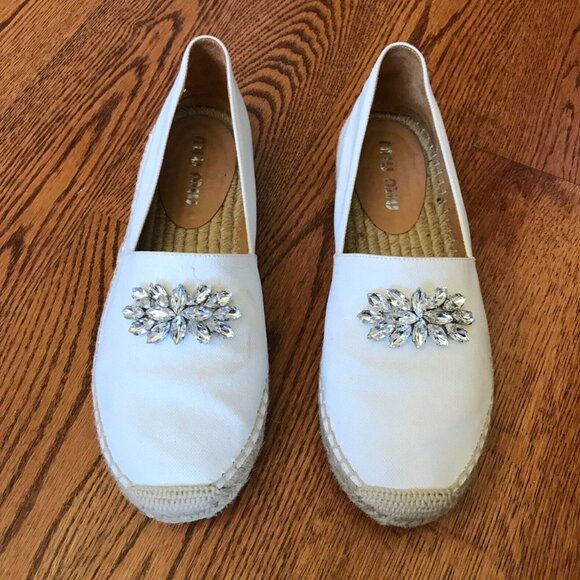 MIU MIU Espadrille Embellished Flats Shoes Womens 38 8 White Canvas Crystals